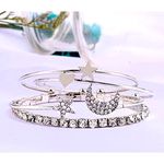 Boutique Silver Bangle Bracelet Set Crystal Star Moon Heart Charm Stackable Jewelry Photo 4