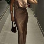 ZARA  dress gown maxi halter scarf satin plunge neck Brown  Evening Wedding Photo 7