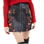 Embroidered faux leather black zip front floral mini skirt size Medium Photo 1