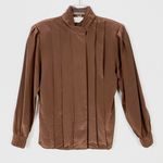 Vintage Peters & Ashley Brown Pleated Satin Mockneck Long Sleeve Blouse Size 6 Photo 2