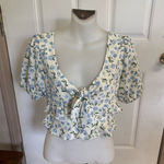 She & Sky Med  Cream/Blue/Green Rosemarie Floral Tie Front  Puff Sleeve Crop Top Photo 0