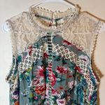 Umgee USA Floral Lace Mock Neck Tiered Mini Dress Medium Green Pink Boho Summer Photo 1