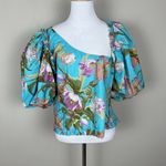 Anthropologie Love The Label Top Womens XL Blue Floral Puff Sleeve Asymmetrical Blue Photo 3