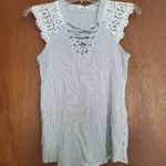 Maurice's Striped lace up top with crochet lace sleeves Photo 1