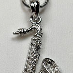 Silver Saxophone Pendant Necklace With Rhinestones & Chain In Gift Box Photo 0