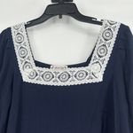 Nanette Lepore  Boho Navy Blue Crinkle Top Lace Trim Square Neck 3/4 Sleeves Sz M Photo 1