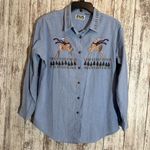 Vintage 80’s Folk Embroidery Button Front Shirt Chambray Large Christmas Grandma Blue Photo 1