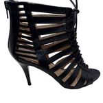 Nine West Size 7 Strappy Lace-Up 3.5" High Wood Heel Sandals Back Zipper Black Photo 6