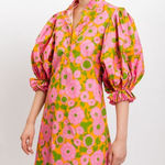 Flora Bea 100% Cotton Pink Orange Green Floral Ruffle Mini Dress Size Medium Photo 0