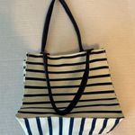 Small Striped Canvas Tote Bag snap closure beige and navy stripes Blue Photo 0