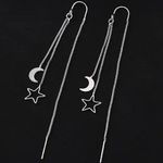 Silver Moon Star Threader Long Tassel Earring Chain, Drop Dangle Woman Earrings Photo 1