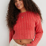 Aerie  Cotton Oversized Red Acid Wash Cropped Cable Knit Pullover Sweater Photo 0