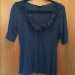 EXPRESS Women’s navy blue V-neck shirt ruffle neckline fitted size Large Photo 0