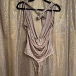 EXPRESS Tan Shiny Stretchy Wrap Front Halter Tie Neck Bodysuit Medium NWT Photo 1