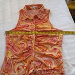 Kontrol Orange yellow psychedelic swirl halter sleeveless ruched button up down top shirt blouse stretchy Size XL Photo 2
