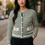 Nanette Lepore NWT Cardigan Green / Cream Cozy Boucle Tweed Cardigan Jacket XS Photo 1