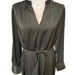 H&M | Green Satin Tie Waist Long Sleeve V Neck Midi Dress Size Medium Photo 6