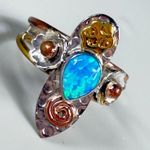 Tear Drop Shaped Faux Opal Fashion Ring Size 7 Silver Gold Colors Flower Accents Photo 1