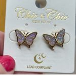 NWT Chic n Chic electric lilac druzy butterfly post style earrings Gold Photo 1