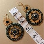 Art of thread, hand made earrings. Dark Green color with gold accents Photo 2