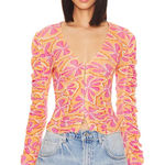 Free People  Through The Meadow Top Medium Orange Pink Ruched Photo 0