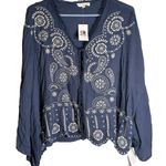 Coco + Jaimeson  Womens Blue Gauze Embroidered Kimono Blouse‎ Large NWT Buckle Photo 0