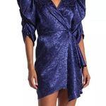 Ronny Kobo Women’s Amara Medieval Blue Floral Puff Sleeve Wrap Mini Dress Large Photo 0