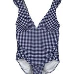 Kona Sol Large (12/14) Swim 1-Piece Ruffled Checked Padded Cup Lined Ruched Blue Photo 0