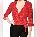 Bardot Red Polka Dots Ruffle V-neck Tie Waist 3/4 Sleeve Wrap Blouse Top Size L Photo 2
