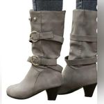 Women Gray Faux Suede Heeled Boots with Slouchy Design and Silver Buckles Size undefined Photo 0