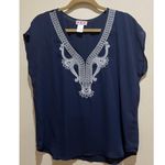 Three Pink Hearts  ~ Sleeveless Embroidered Blue Colored Blouse ~ Size Medium Photo 0