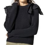 LILLA P Eyelet Ruffle Shoulder Trimmed Crew Neck Ribbed Sweater Black L Black Size L Photo 0