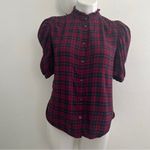 Gap NEW flannel Plaid buttons down shirt top Puff Sleeve Red and Blue XSMALL Photo 5