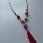 Lauren Conrad Long pink and red beaded tassel necklace with gold metal chain Photo 2