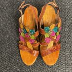 Spring Step L’Artiste couture floral hand painted Leather wedge sandals Size 38 Orange Photo 2