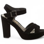 Reaction Kenneth Cole  Black Leather Peep-Toe Platform Sandals Size 10 Block Heel Photo 0