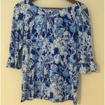 Lilly Pulitzer  Waverly Blue White Ruffle Boatneck Top 3/4 Sleeves EUC Cotton M Photo 0