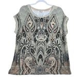 Rose + Olive  Paisley Print Short Sleeve Top L Round Neck Loose Fit Drapey Photo 0