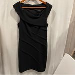 DKNY lbd black asymmetrical neck sheath midi dress rounded ruffle collar Photo 7