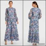 Mac Duggal   8098 Blue Floral Long Sleeve High Neck Ruffle Midi Dress Photo 1