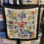 Stunning silk floral scarf black trim 21”x21” square head neck bag butterflies Photo 7