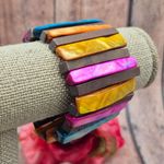 None Bohemian Wood Bar & Dyed Abalone Shell Colorful Wide Stretch Bracelet Beach Photo 4