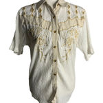 Jasmine Vintage 90s Button Up Crinkle Blouse M White Short Sleeve Embroidered Cut Outs Photo 0