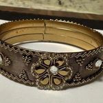 Indian Style Gold Tone Flower Mesh Bead & Rhinestone Bangle Bracelet 7 3/4 Inch Photo 0