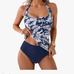 Eomenie Halter Tankini Bathing Suit Ruched Tummy Control with Bottom Blue Photo 3