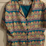 Adrianna Papell  Safe Silk Blouse Top Short Sleeve‎ Floral Paisley Teal Purple Photo 0