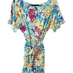 Aryeh Womens Tropical Ruffle Trim Tie Belt Stretch Romper Multicolor Medium Photo 0