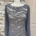 Eliza J  Y2K Lacy Knee length Cocktail Dress Long chiffon puff sleeves Grey Sz 6 Photo 3