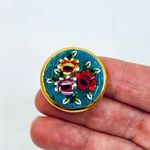 Antique Italian Micro Mosaic Brooch Floral Design Round Gold Tone Signed ITALY Photo 1