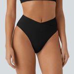 Halara  Black Ribbed Cheeky Bikini Bottoms Photo 1